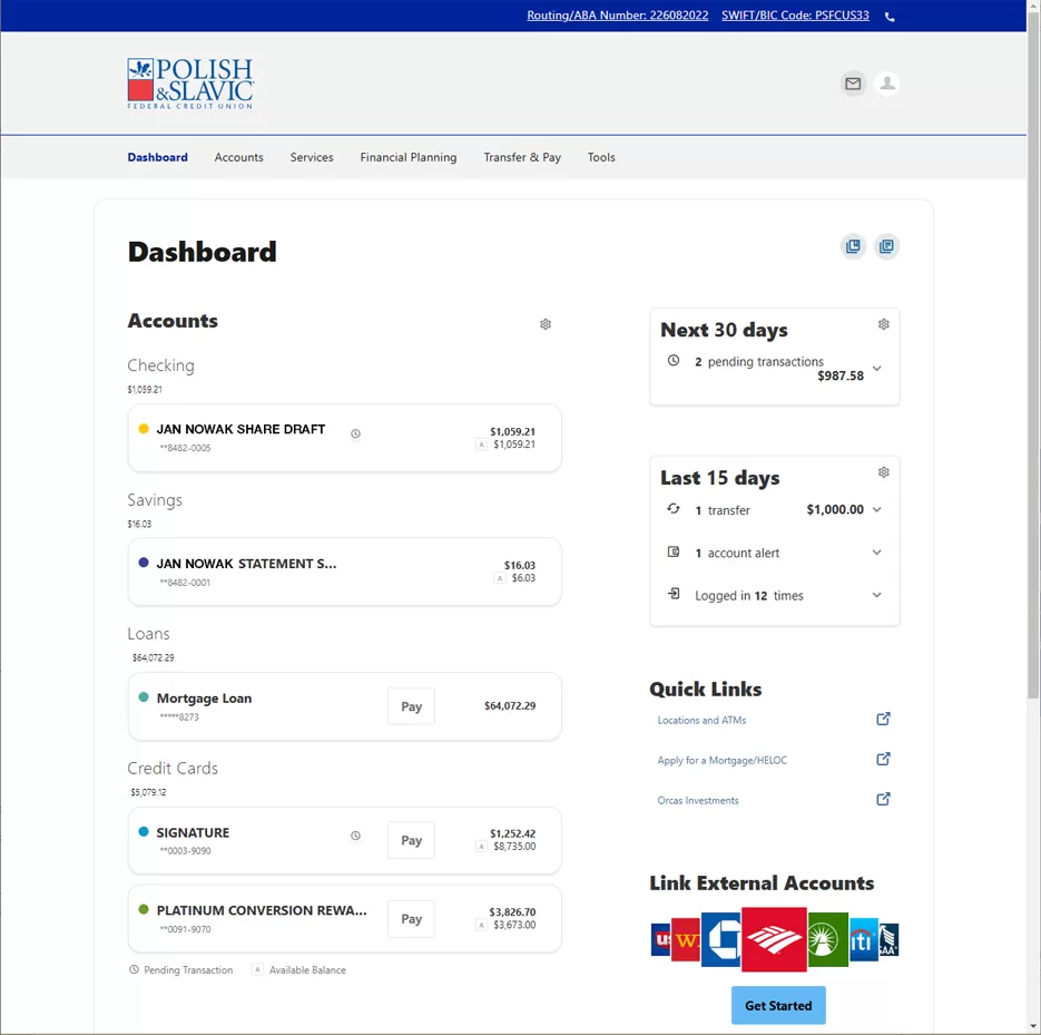 PSFCU Online Banking dashboard